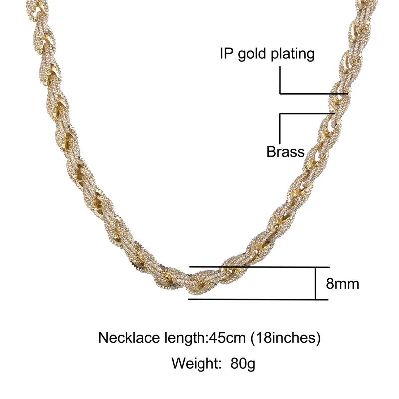 HIP Hop Full CZ Stone Paved Bling Iced Out 8mm Twist Rope Chain Chokers Necklace for Men Rapper Jewelry Gold Silver Color