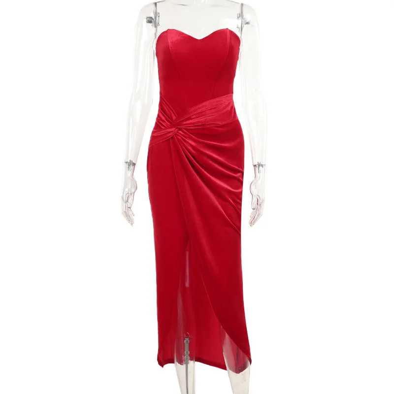 Tuularose Sexy rückenfreies rotes Kleid Damenmode trägerloses ärmelloses schlankes Robe Sexy Party Club Luxus Retro Schlitz langes Kleid