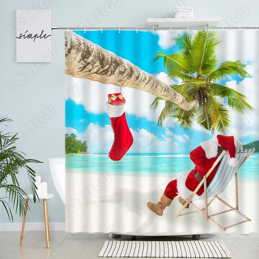 Christmas Shower Curtains Funny Santa Claus Xmas Tree Fir Branch Red Berry Birds New Year Fabric Bathroom Decor Bath Curtain Set