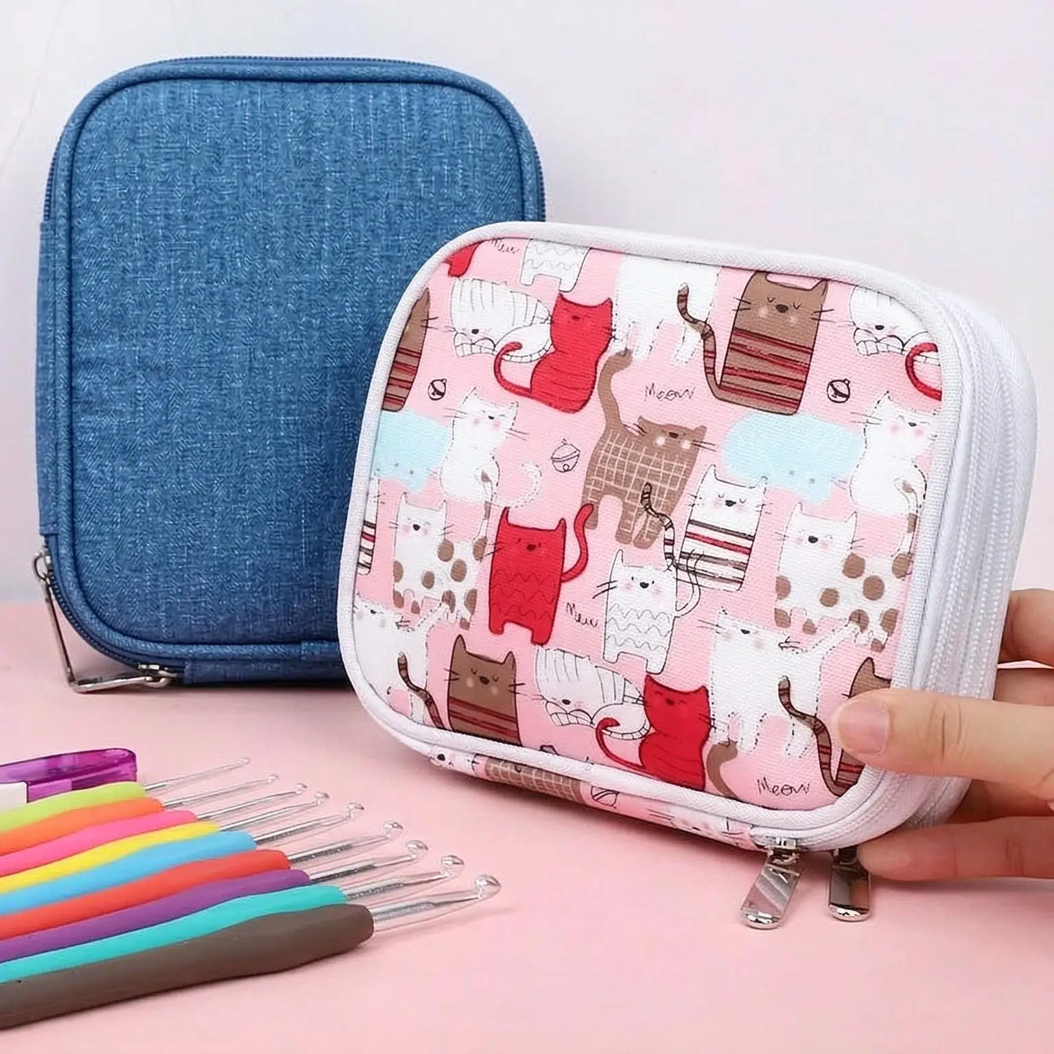 CK056 Crochet Kit – Multi-Size Hooks (2.0-8.0mm) with Optional Cat / Denim Case, Stitch Markers & Knitting Tools for Craft TMZ