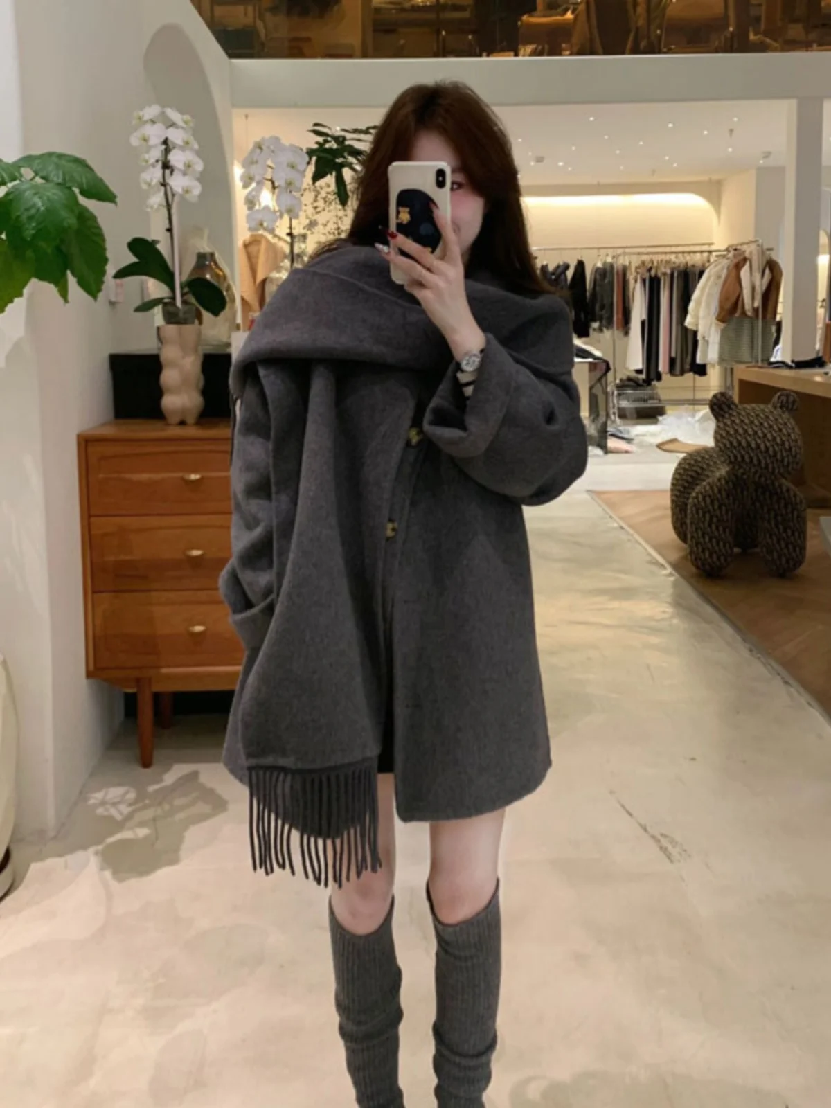 

Модное серое шерстяное пальто в стиле ретро, ​​корейский стиль, халат с воротником-стойкой, элегантная женская верхняя одежда, зимний сезон