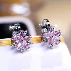 Elegant Pink Crystal Sakura Clip Earrings White Zircon Cute Flower Earrings For Women Vintage Silver Color Wedding Jewelry Gifts