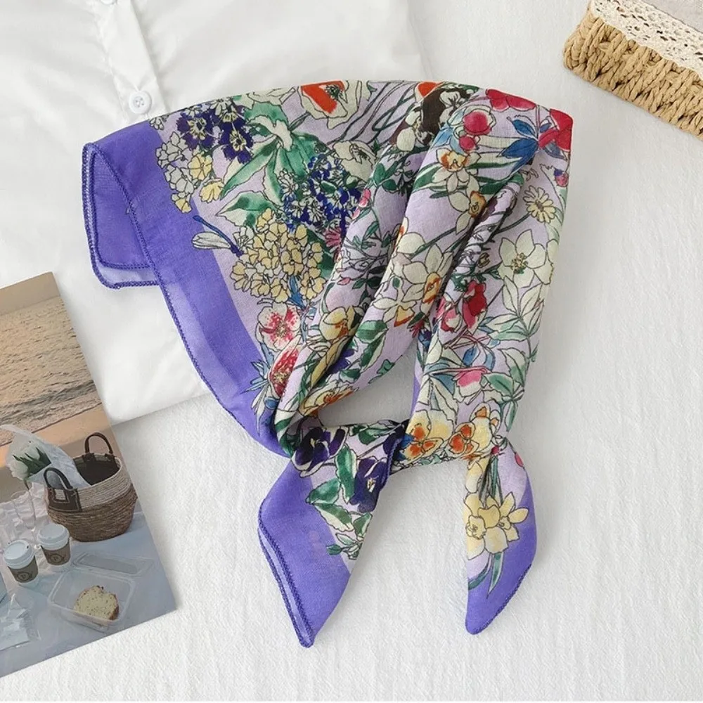 

Квадратный платок из хлопка и льна с цветочным принтом в пасторальном стиле, шелковый платок с принтом, аксессуары для платков, шарфы, повязка для волос, женский