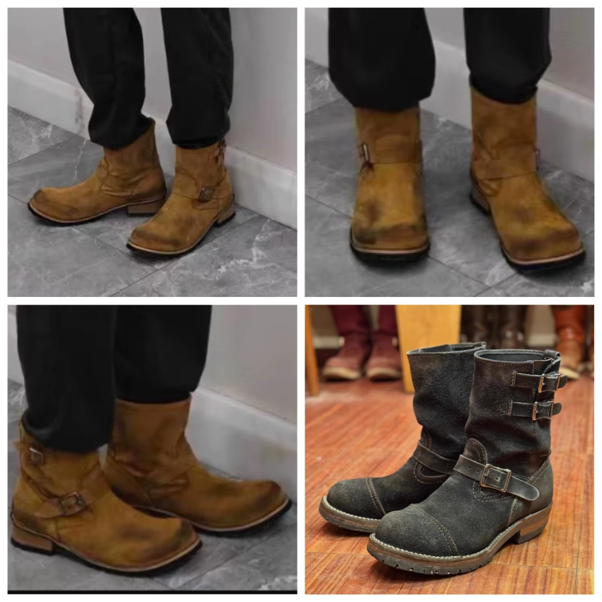 Hot Handmade Vintage Khaki Suede Work Boots Men and Women Engineer Ort Shoes American Retro Motorcycle Boot Faded Mid-Calf Boot