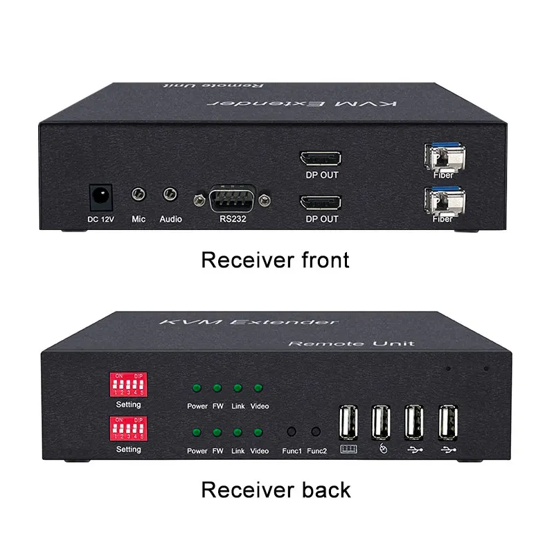 Estensore in fibra DP 4K 2-CH con microfono audio USB 2.0 Trasmettitore RS232 Ricevitore DP KVM Ricetrasmettitore in fibra ottica