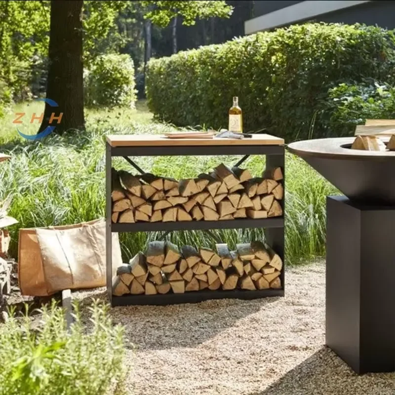 Firewood Storage With a Sturdy Chopping Board. Rusted or Black Powder Coated Good Durability and Longevity.