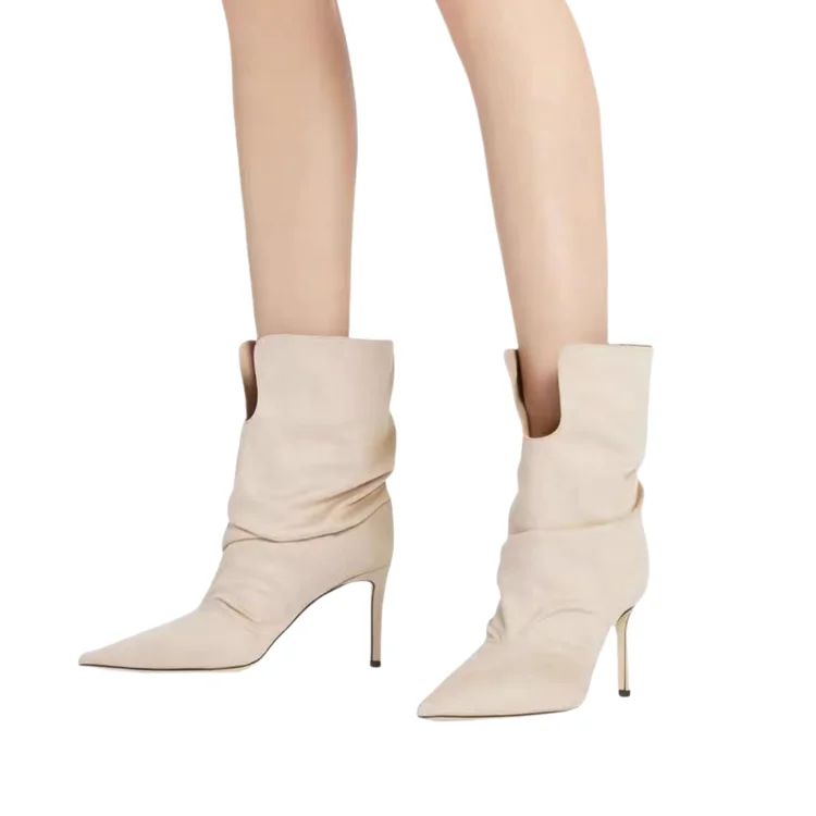 

2025 Women's Bare Boots Autumn/Winter Natural Suede Women's Shoes Black and Off-White Pointed Toe Slim Heel Modern Short Boots