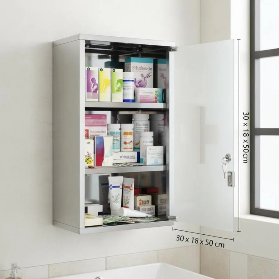 

Stainless Steel Medicine Cabinet, Lockable Medication Cabinet with 3 Compartments, Glass Door Apothecary Cabinet for Medic