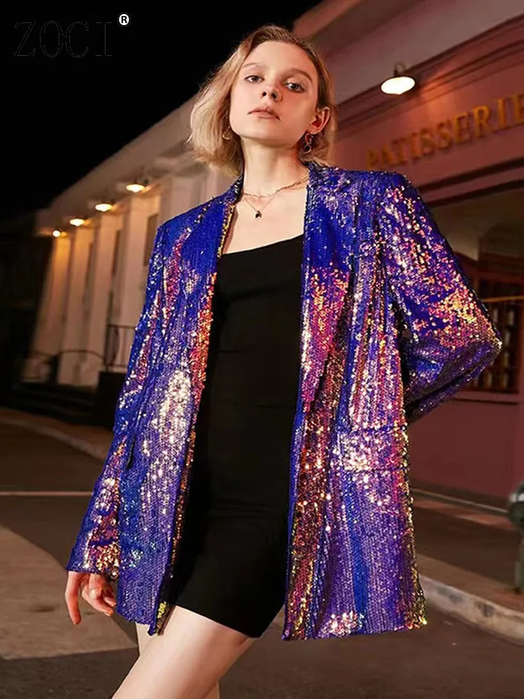 

ZOCI Fashion Women's Blazer Fashion Cool Color Sequin Suit Collar One Button Gradual Color Change Office Lady 2025 Spring New