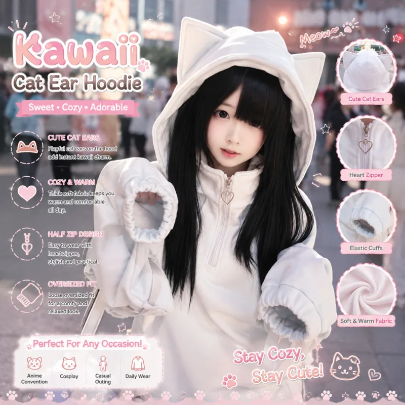 Harajuku Y2K Cat Ear Hoodie Top Kawaii Jacket Detachable Sleeves Oversized Sweatshirt Cute Y2K Pullover Jacket Girl Gift New