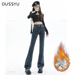 High Quality Clothing Winter Fleece Warm Flared Soft Jeans Women Cotton Lengthened Pants Fluff Retro High Waist Trousers Female