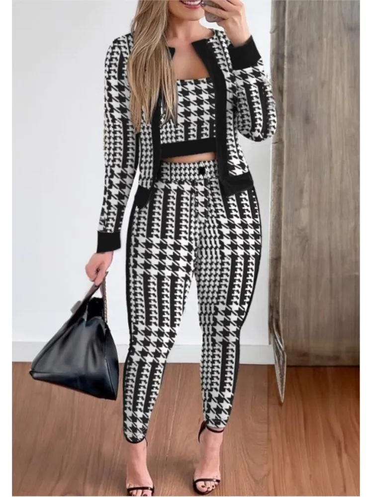 Fashion Houndstooth 3 Piece Set Tops And Slim Long Pant Suit Women Clothing Autumn Tank Cardigan Coat & Bodycon Pants 3pcs Sets