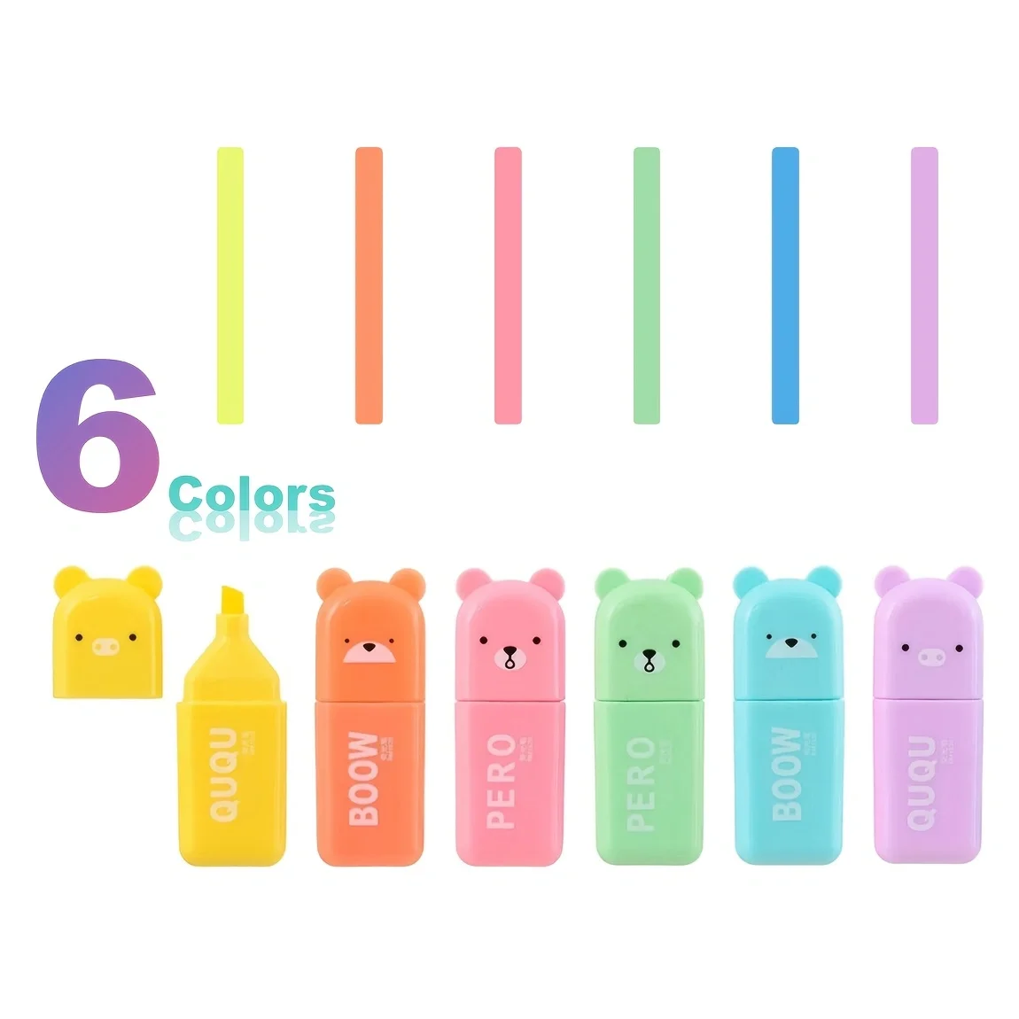 

6PCS Lovely Bear Highlighter Pens, Soft pastel quick-dry ink, practical chisel tip, smooth marking for students, kids