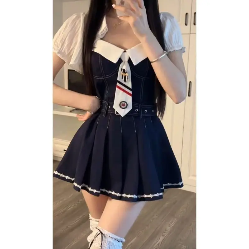 Summer Two Piece Set Women Navy Blue Suspender Dress with White Puff Sleeve Blouse Sweet College Style Slim Fit Kawaii Outfits