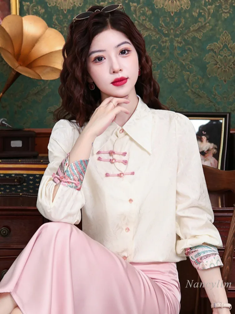 

New National Style Blouse Women's Clothing Chinese Knot Button Shirt Autumn Top 2024 New High-End Temperament Long Sleeve Blusas