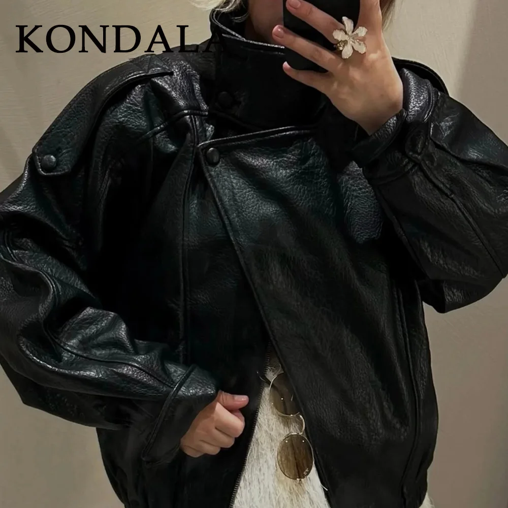 KONDALA 2025 automne hiver Faux cuir femmes Vintage manteaux mode Streetwear fermeture éclair col rabattu noël dames cuirs