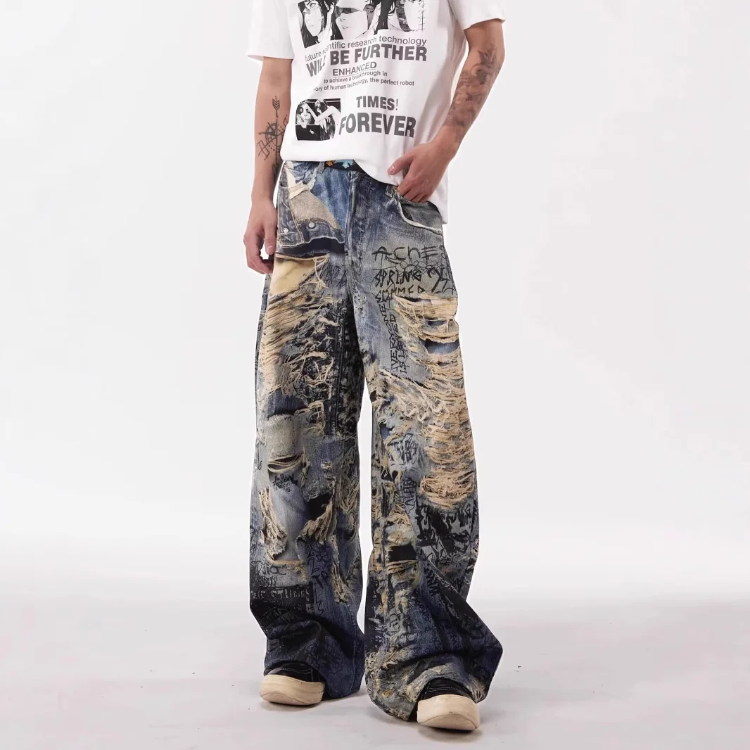 

3D Vintage Ripped Hole Digital Printing Torn Wide Leg Denim Jeans Baggy Y2k Streetwear Fashion Distressed Jeans Men Relaxed Fit
