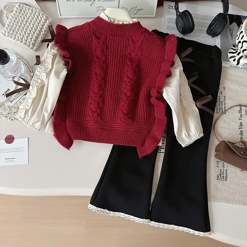 

New Baby Girl Knitted Vest Shirt Bell Pants Three-piece Fashion Baby Girl Clothes Outfits Birthday Girls Spring and Autumn Suit