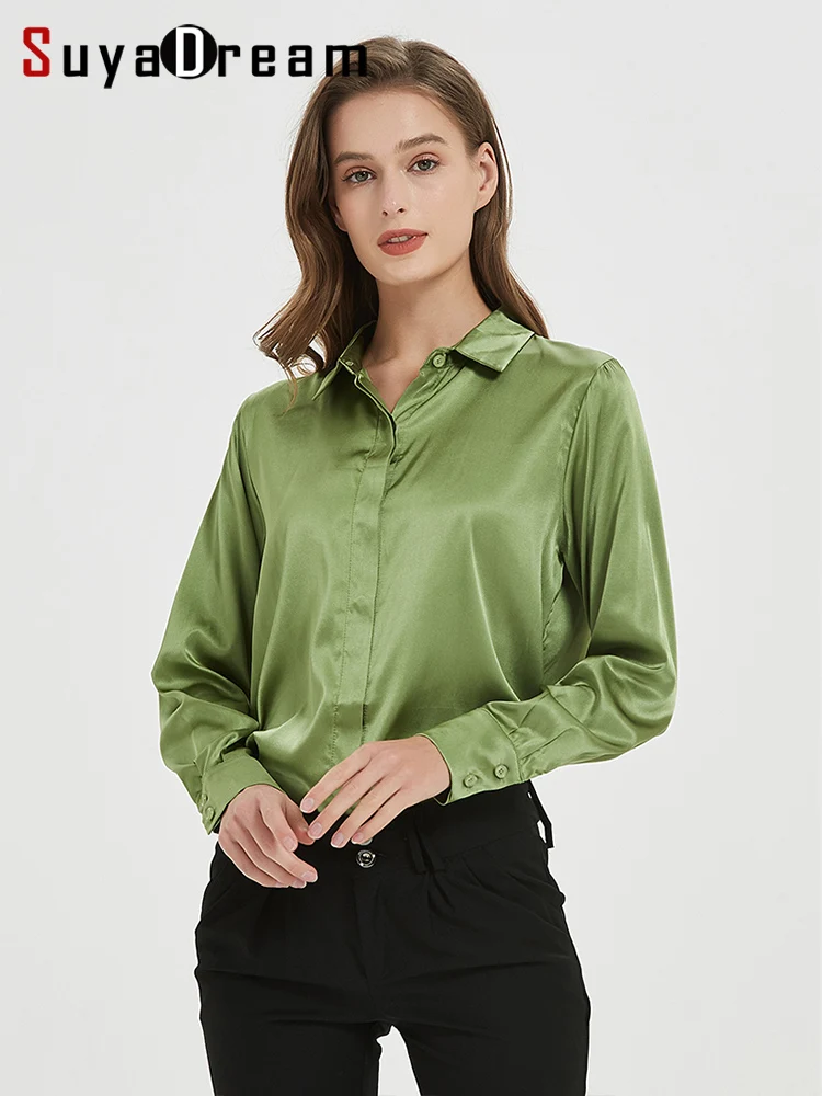 SuyaDream Woman Solid Shirts 93%Real Silk 7%Spandex Long Sleeves Chic Blouses, 2025 Spring Autumn Office Lady Top