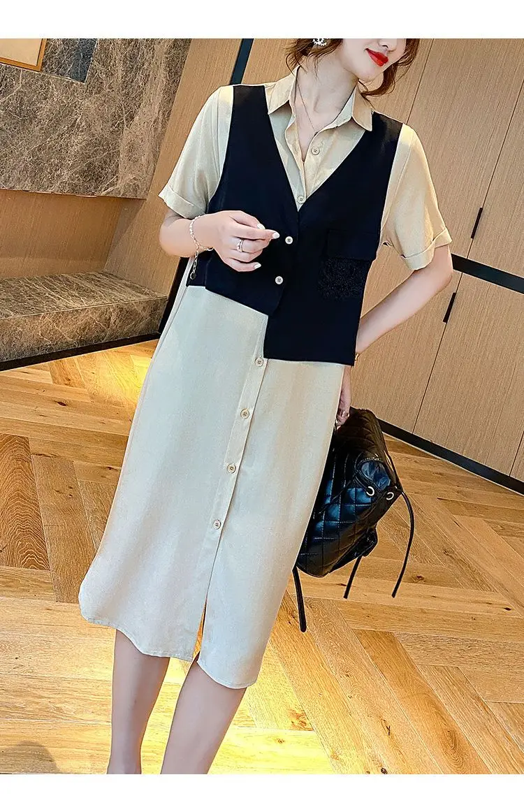 Large Size New Fake Two-piece Shirt Dress Loose and Chubby MM Women's Clothing 2024