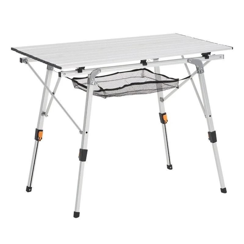 Portable folding aluminum outdoor table with mesh storage for camping