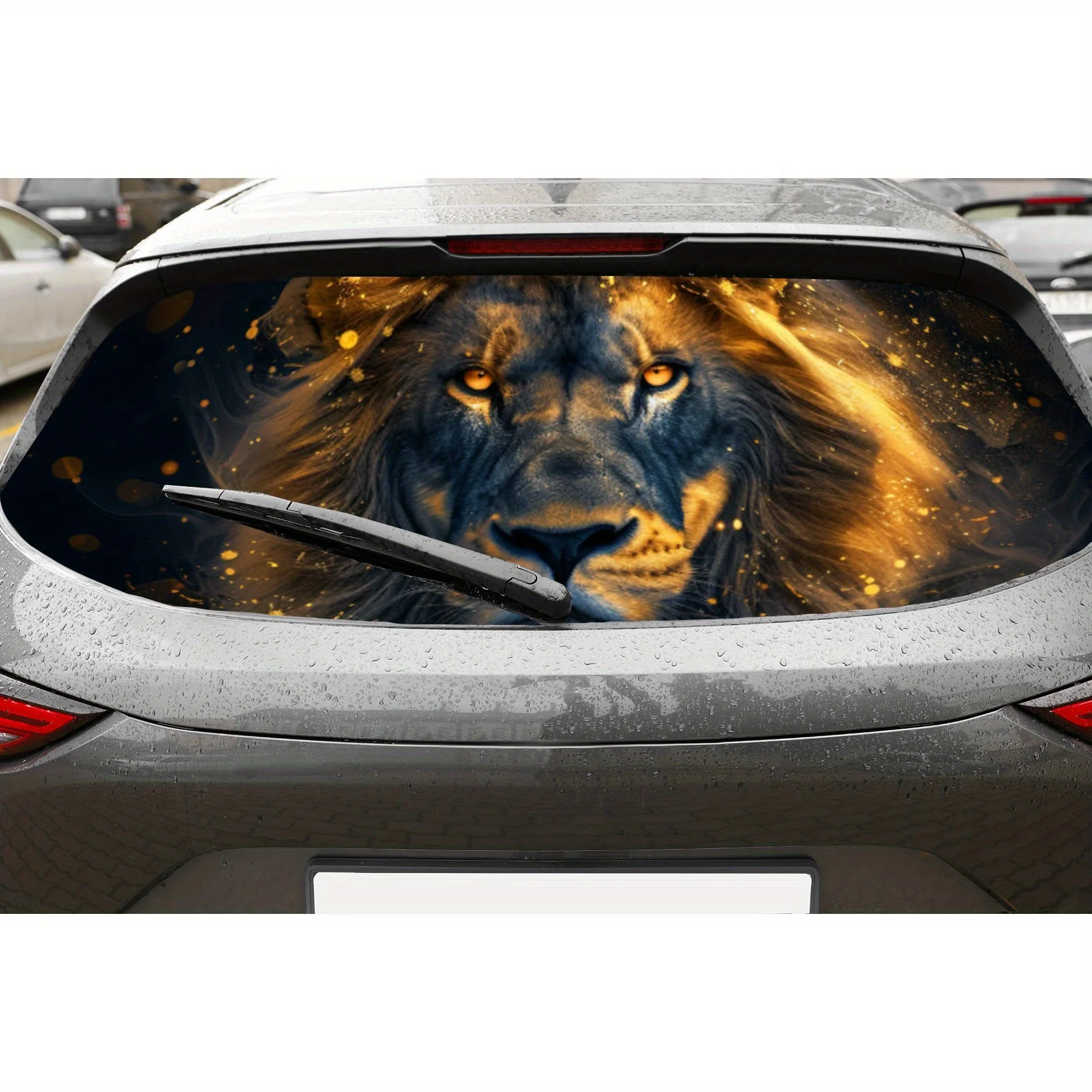 

Перфорированные автомобильные виниловые обертывания Golden Glow Lion Soul из ПВХ, улучшающий конфиденциальность дизайн для заднего окна, наклейка на заднее лобовое стекло автомобиля для