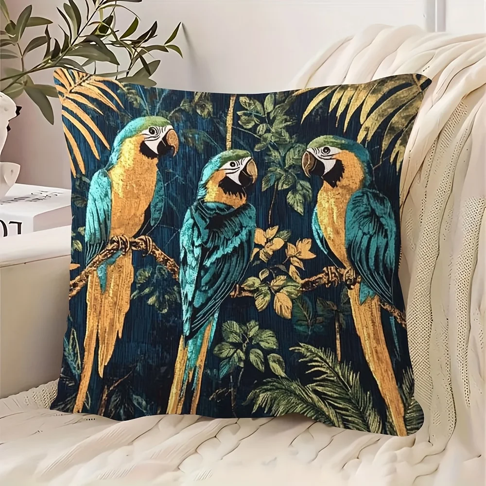 Capa de almofada decorativa 2D vintage com estampa de papagaio macaw tropical, estilo selva botânica, para casa, quarto e sala de estar.