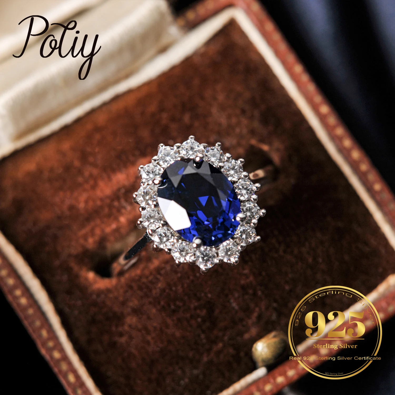Potiy Halo Pierścionki dla kobiet utworzono niebieski szafir Nano szmaragd czerwony rubin księżniczka Diana 2.67ct owalny krój 9