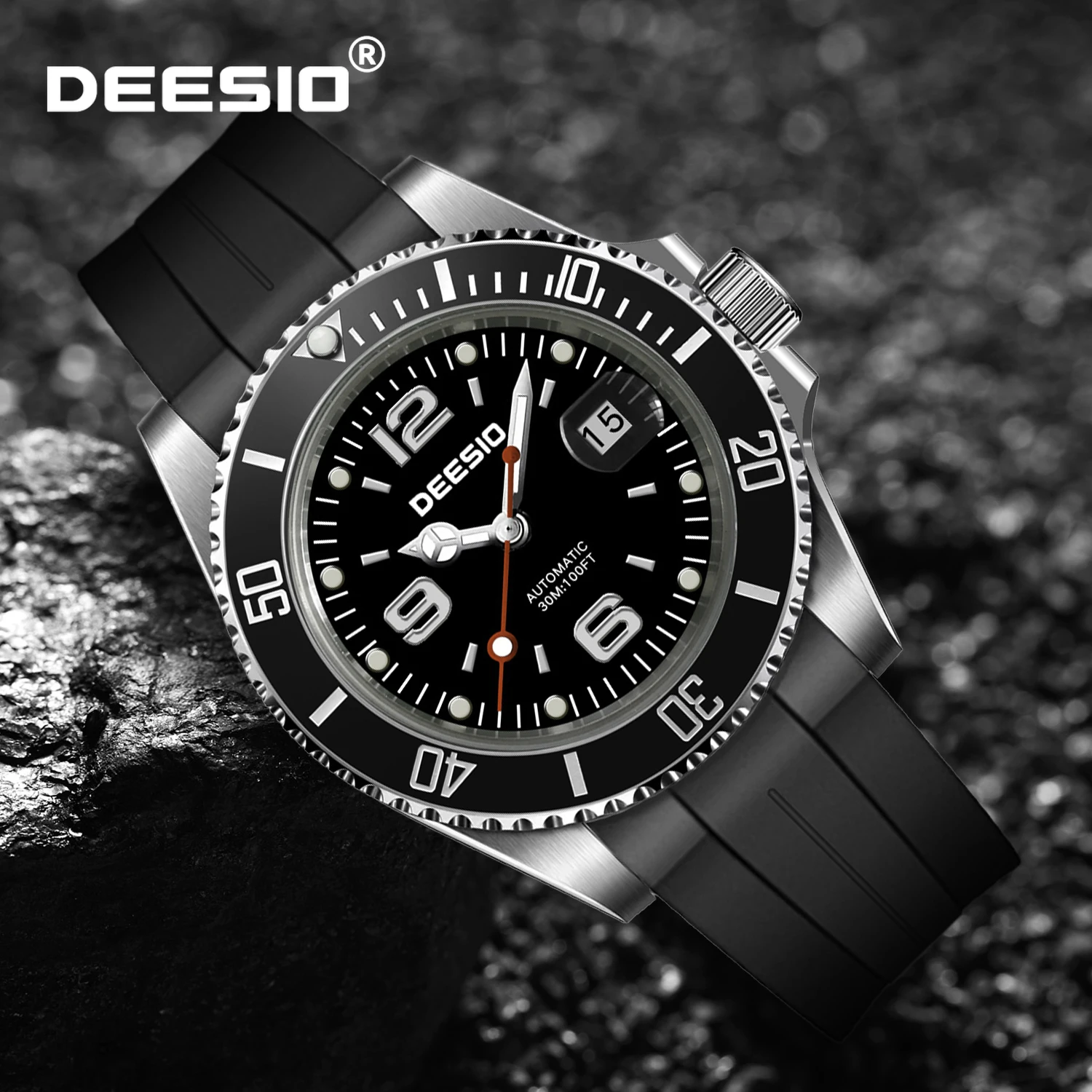 

Роскошные деловые мужские автоматические часы Deesio из нержавеющей стали, светящиеся, водонепроницаемые до 30 м, с черным циферблатом, модные наручные часы с резиновым ремешком