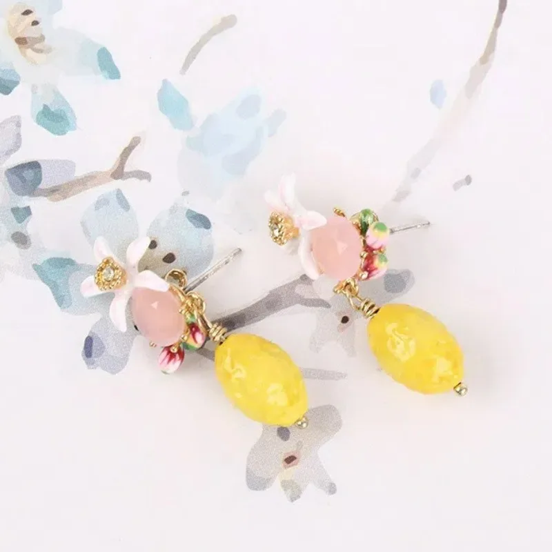 New Pastoral Style Rural Series Handmade Enamel Glaze Color Fairy Beauty Powder Gemstone Lemon Yellow Fruit Series Earrings Set