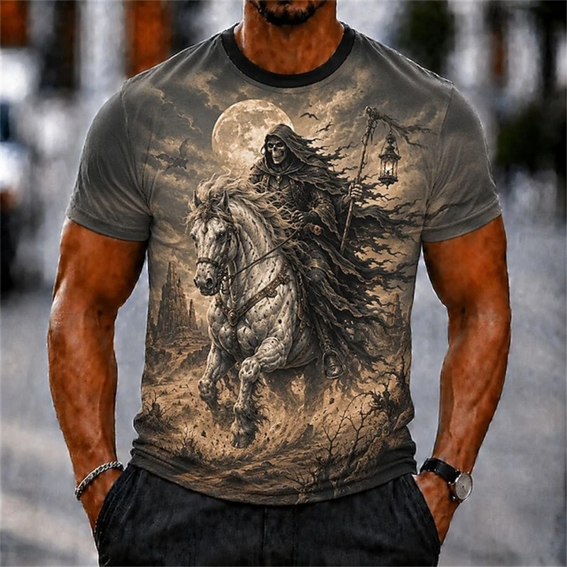 Hot-Selling New Men's Summer Skull and Horse Print Halloween Crew-Neck T-Shirt Perfect for Outdoor Parties and Celebrations