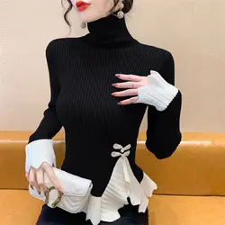 Autumn Winter New Slim Patchwork Slit Hem Pullovers Top Contrast Pleated Elegant Sweaters Fashion Temperament Women Clothing