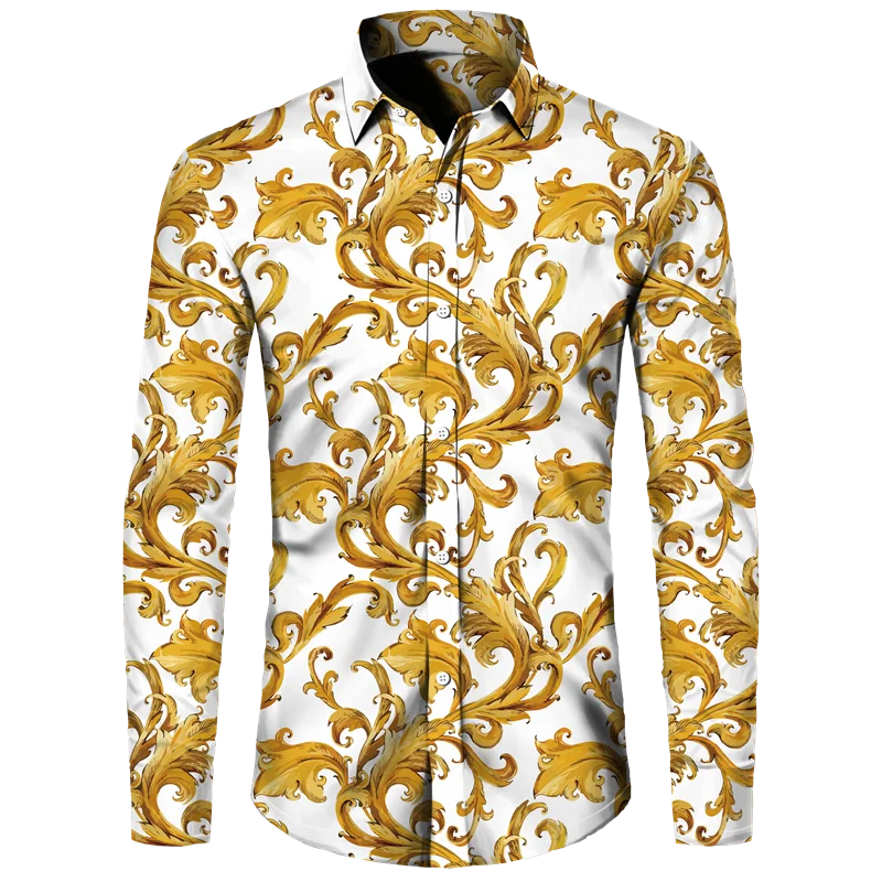 Golden Flower Pattern Print Men\'s Shirts Casual Single-Breasted Cardigan Long Sleeve Shirt Fashion Trend Tops Men Clothing