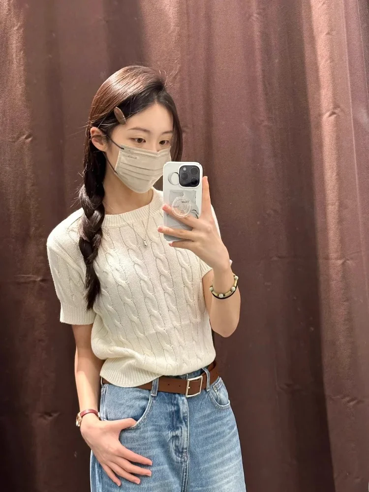 White Knitted Short Sleeve T-Shirt Women's Summer New Style Spicy Girl Short Top Twist round Neck Thin Knitwear Commute Style