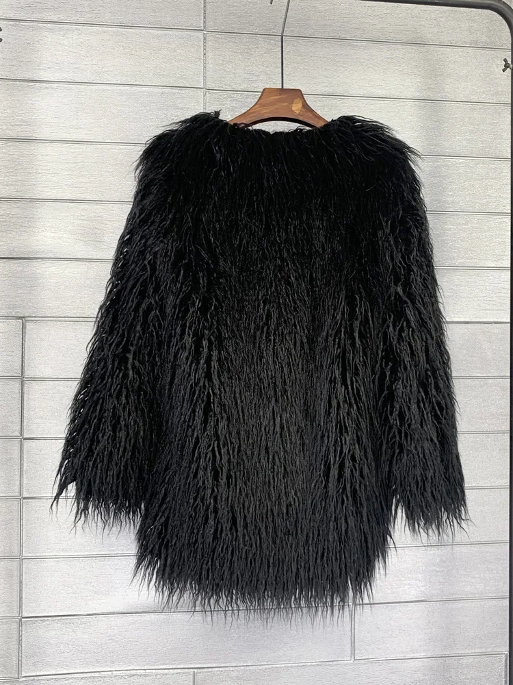 Mongolia Sheep Fur Women Medium Long Coat Jacket Colorful Warm Faux Fur Plush Coats Female Jacket Autumn Winter Furry Outerwear