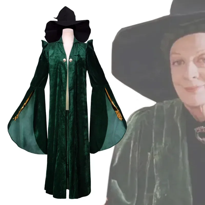 High Quality Professor Minerva McGonagall Cosplay Costume Green Cape Velvet Role Play Cloak Halloween Adults Children Costume