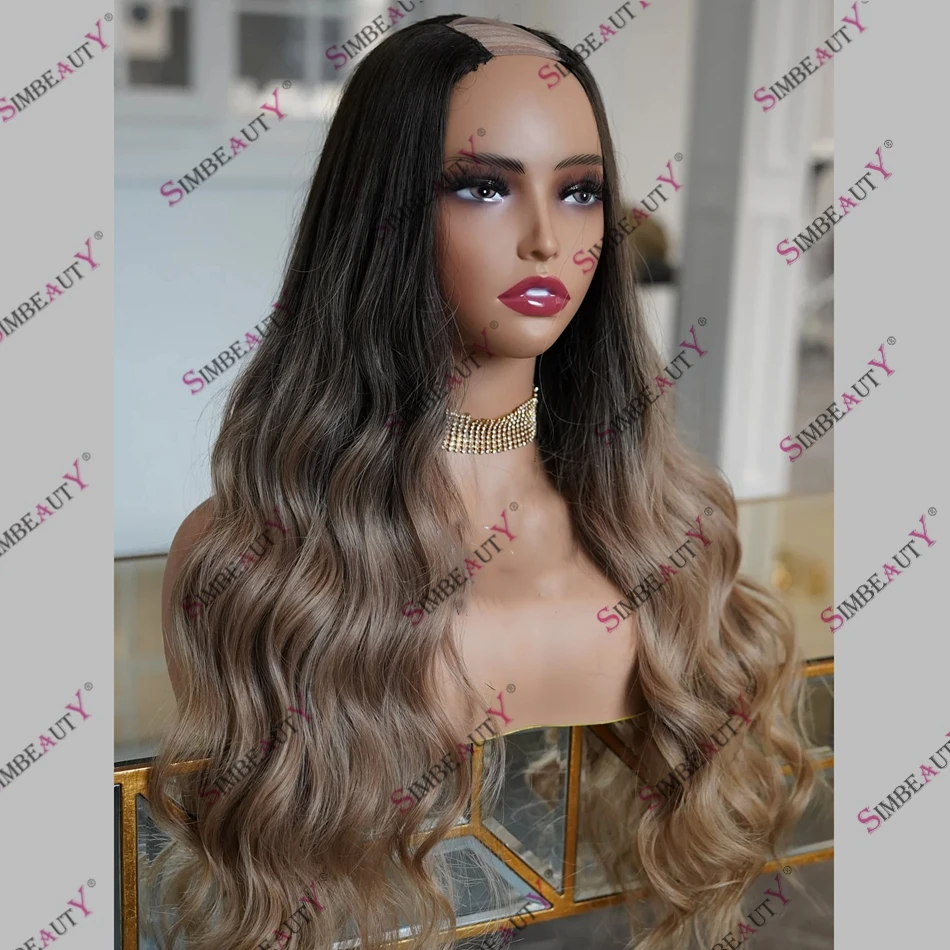 

Brown Blonde Ombre Human Hair Cheap Machine Made U Part Wig 1x4 2x4 Opening Options with Clips Combs V Part Body Wave Women Wig