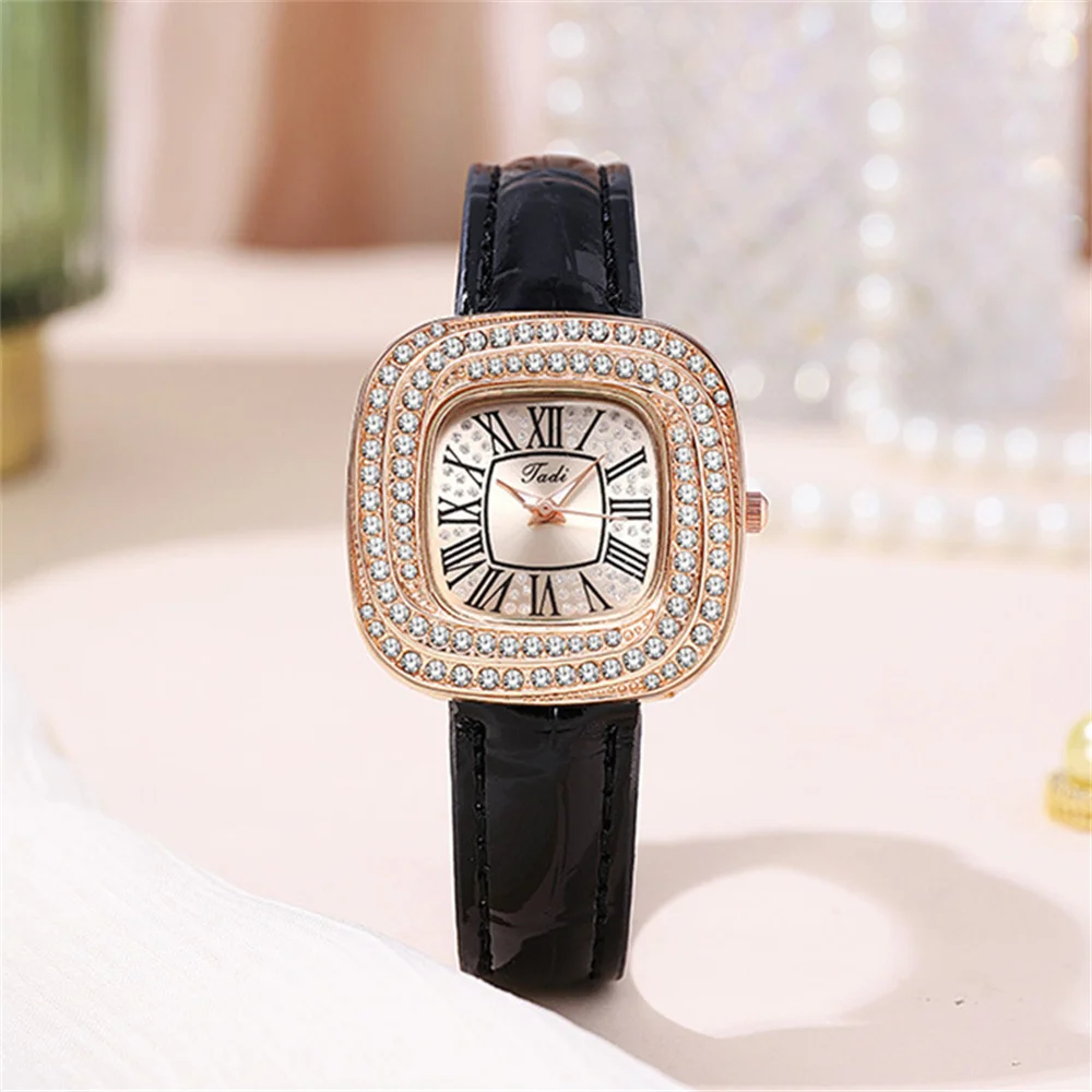 Women Fashion Luxury Square Roman Set Diamond Quartz Watch 2024 Casual Off White Women\'s Leather Clock Gift Watches