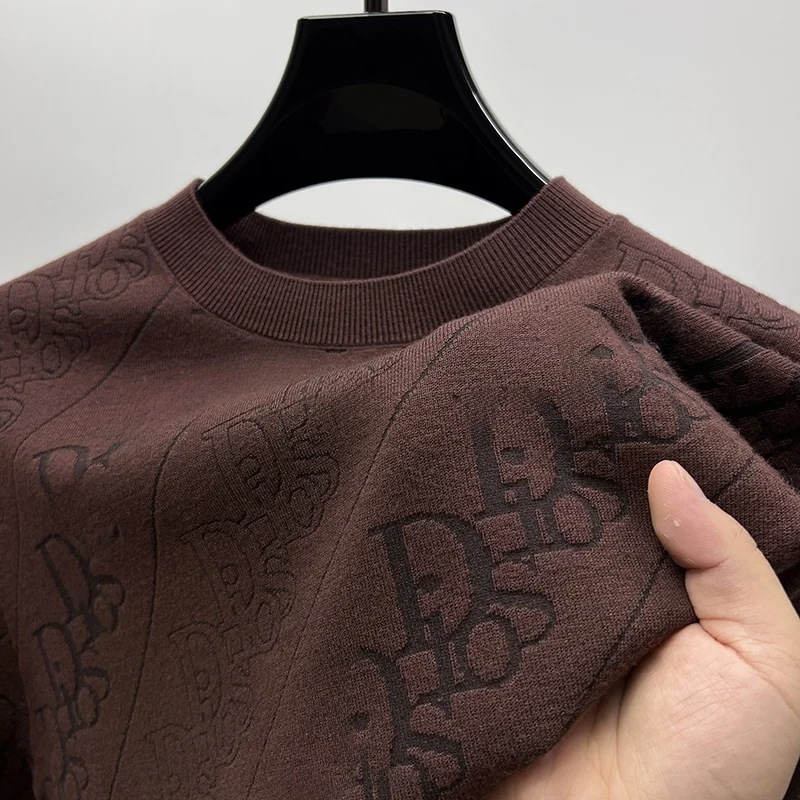 

Мужской вязаный свитшот с длинным рукавом и круглым вырезом, с вышивкой букв, модный базовый слой, повседневный, из смеси хлопка и полиэстера