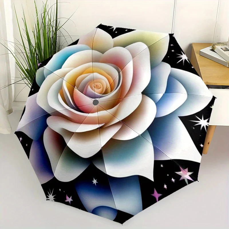 

1pc Rainbow Rose Print Automatic Portable Umbrella - Durable Metal Frame & Plastic Handle, 8-Rib Design, Vibrant Floral Patter