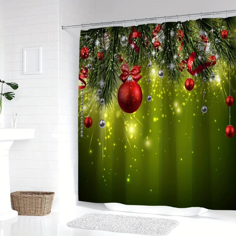 YWJHUI Christmas Holiday Shower Curtain with Festive Green Leaves & Colorful Baubles Print, Water-Resistant Polyester Bathroom D