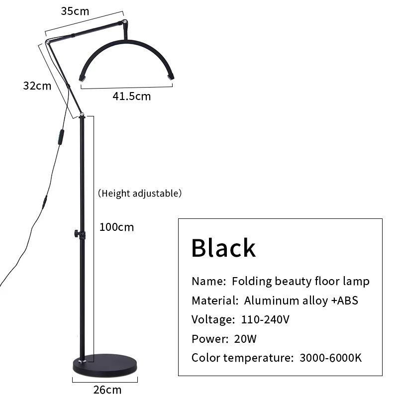 Lampe annulaire d'extension de cils LED demi-lune avec clip pour téléphone, beauté, soins de la peau, sourcils, tatoueur, esthéticiens, 180 gible