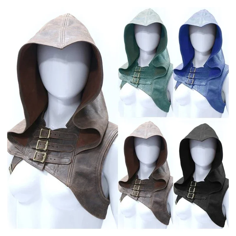 Adjustable Medieval Gothic Cowl Hat Faux Leather Steampunk Hooded Cloak Cape for Men and Women Cosplay Costume Accessory 634D