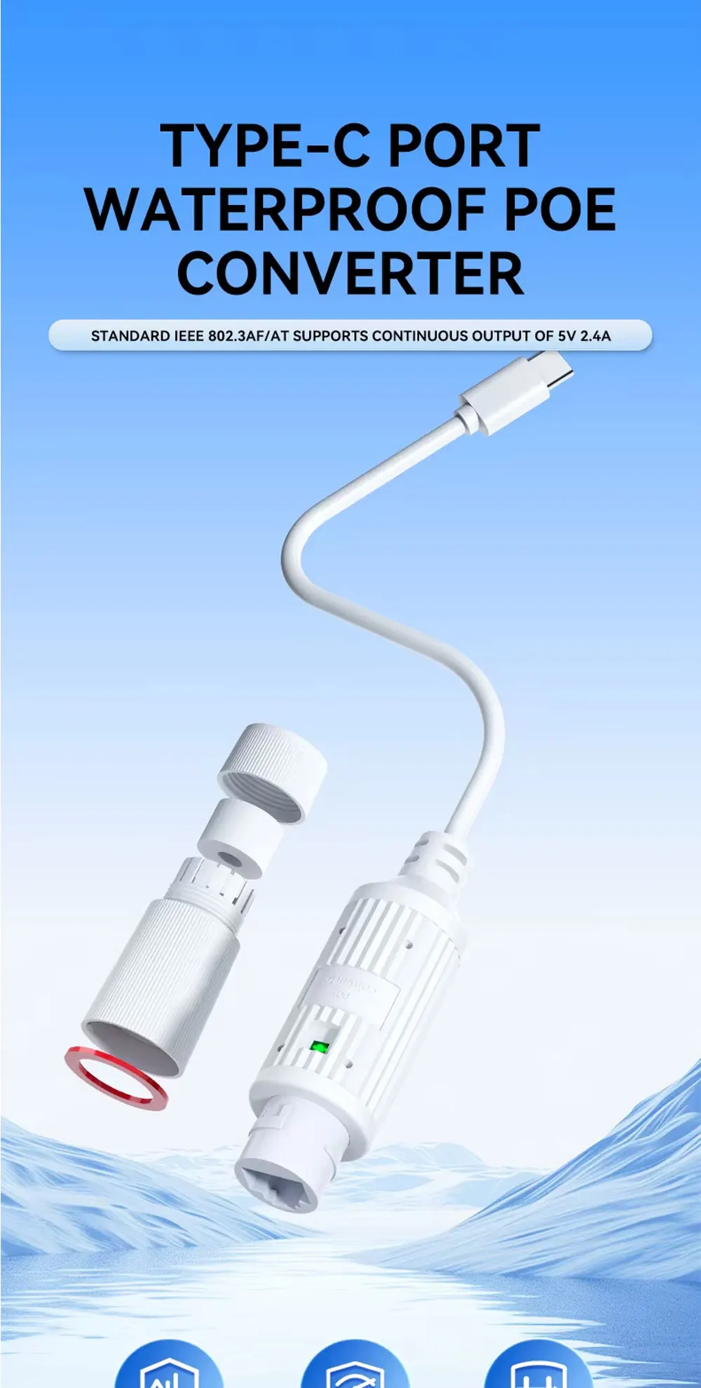 48V zu 5V Wasserdichter PoE-Konverter, RJ45-Anschluss zu Typ-C 5V/2A, IEEE802.3 AF/AT Power Over Ethernet für Typ-C Passive 5V Geräte – Detail 4