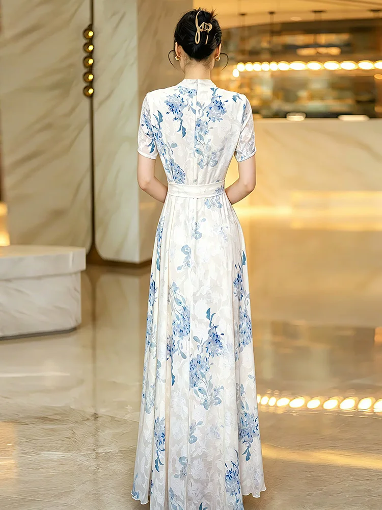 New Women Elegant White Floral Dress Summer Fashion V-Neck Short Sleeve Slim A-Line Dress Chic All-match Long Dress Mid-Calf