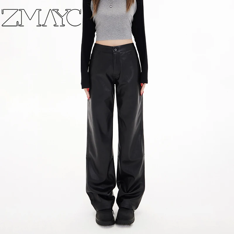 ZMAYC Women's High Waist Straight Leather Pants Streetwear Style New Fashion Female High Street Loose-fit Straight-leg Trousers