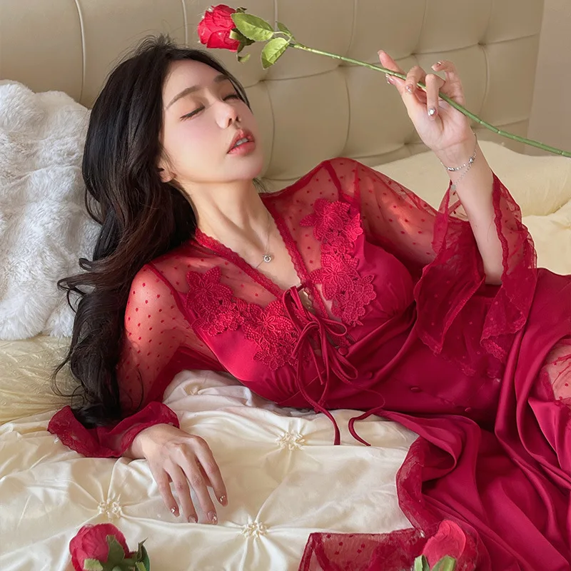 Sexy Perspective Lace Long Nightgown Wedding Morning Robe Palace Style Nightdress Sleepwear Women Loose Satin Home Dressing Gown