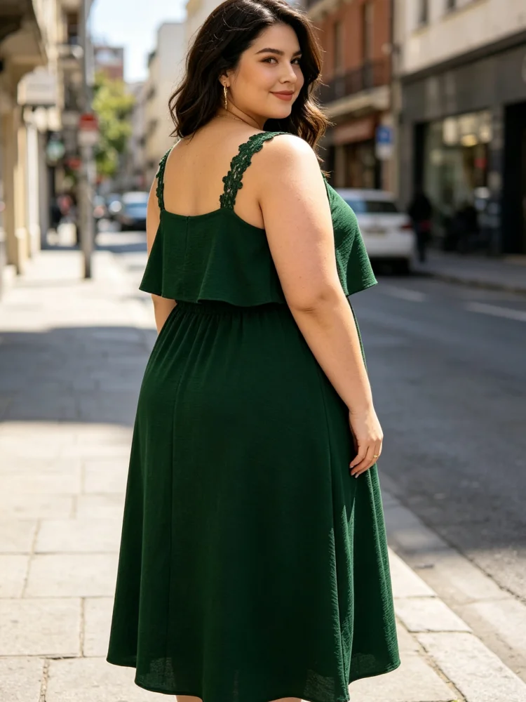 Plus-Size-Midikleid für Damen, Spitze, Spaghettiträger, einfarbig, elastische Taille, A-Linie, locker geschnitten, für den täglichen Gebrauch im Sommer, Urlaub und Strand. – Detail 5