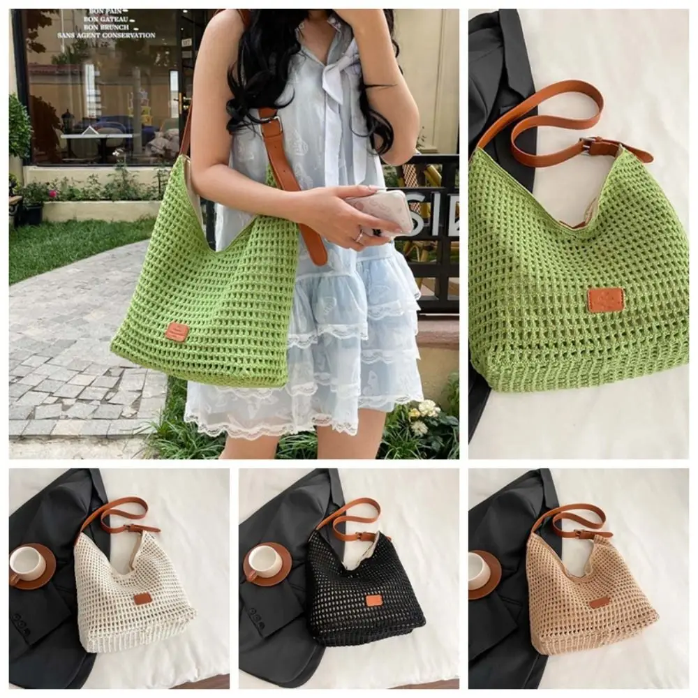 

Solid Color Casual Crochet Tote Bag Magnetic Button Korean Style Hollow Woven Bag Polyester Cotton Knitting Handbag Summer