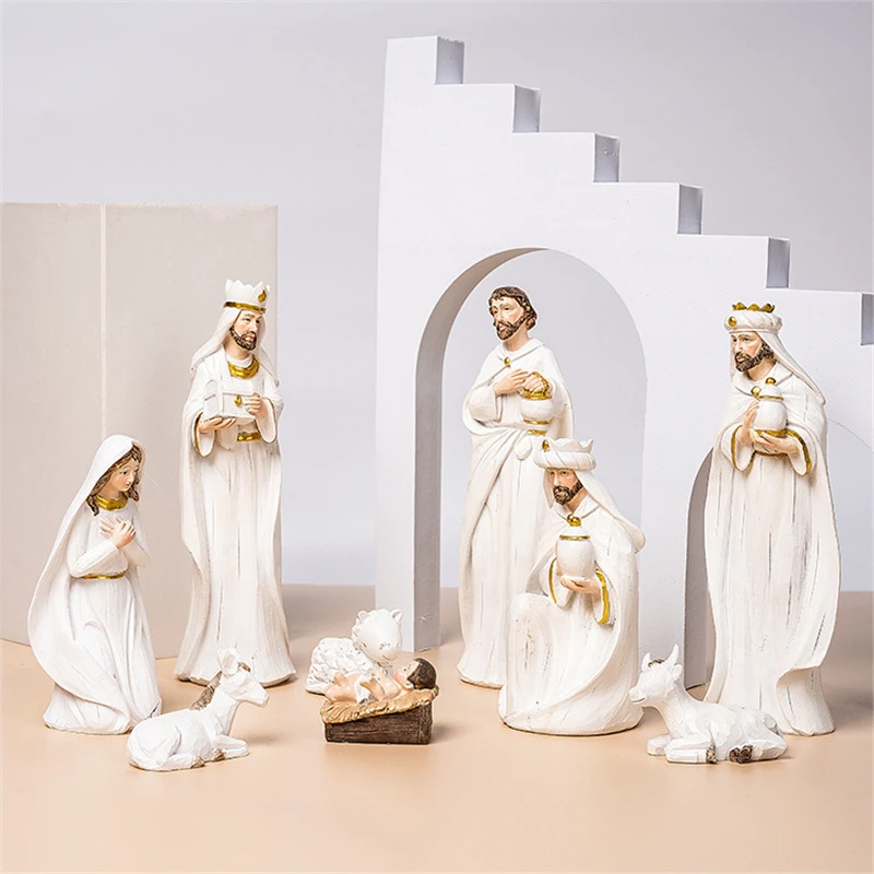 8pcs Set of Resin Nativity Scene Figurines Classic Religious-themed Desktop Statues Ornament Crafts Home Decoration